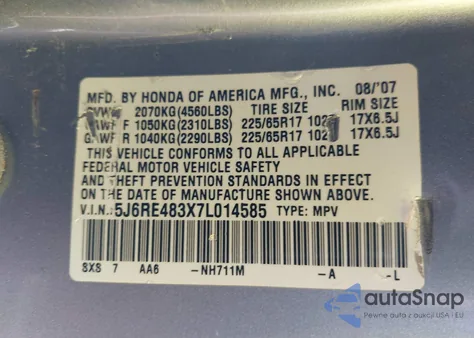 2007 Honda Cr-V Lx z USA, uszkodzony, nr VIN 5J6RE483X7L014585